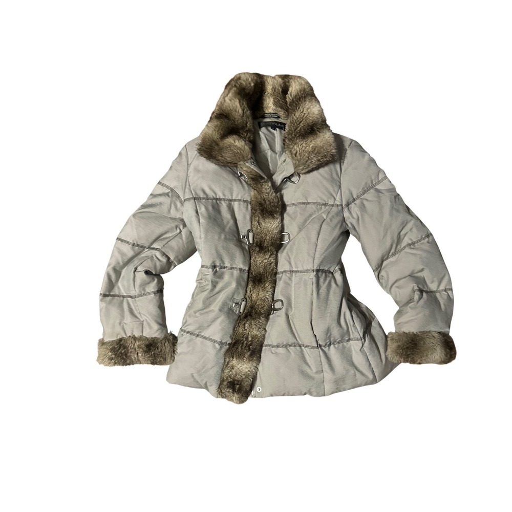 PLATINUM‎ UTEX Womens Puffer Coat Faux Fur Trim Collar Cuffs Light Gray Jacket